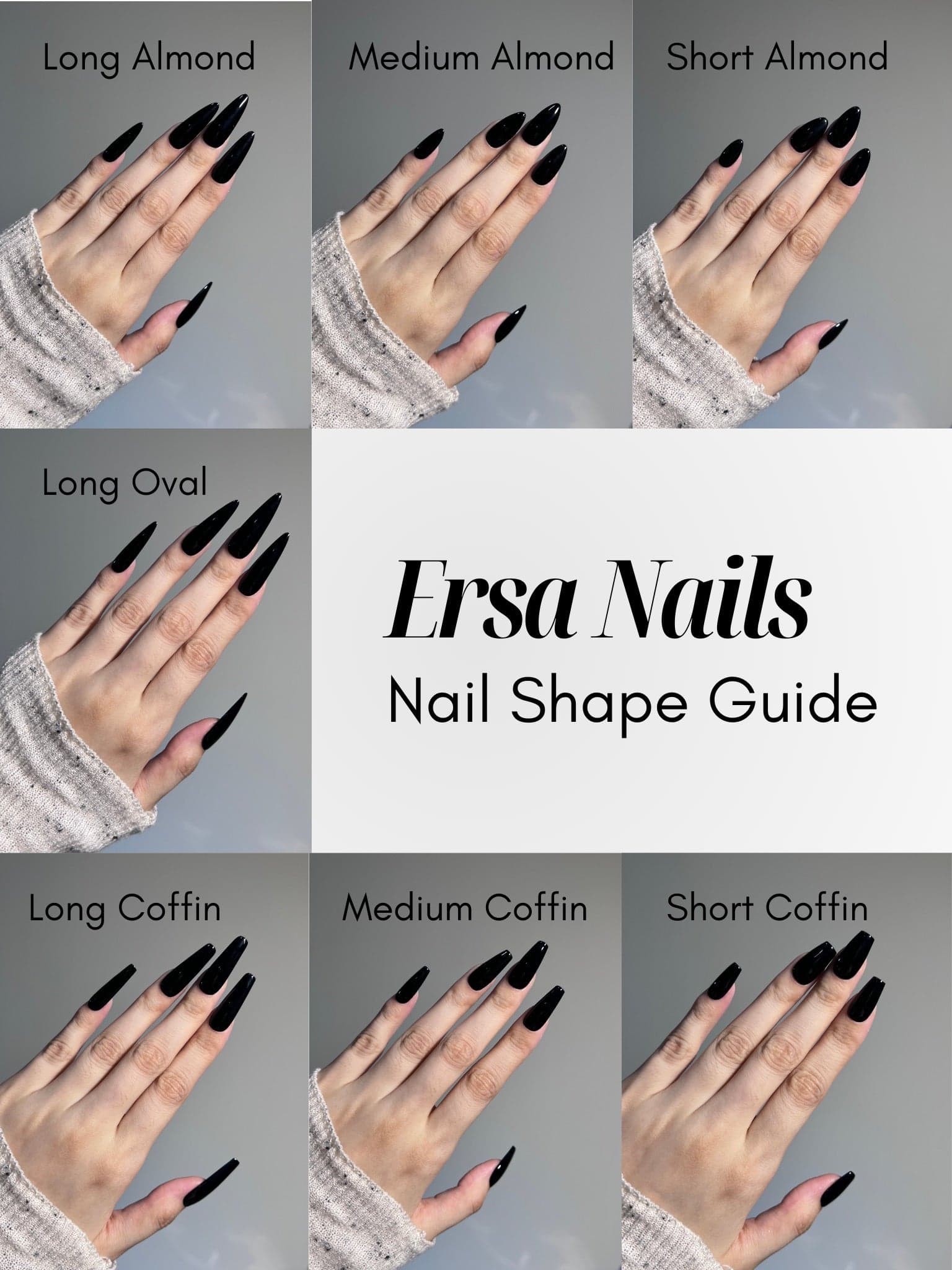 Ersa Nails Nail Shape Guide worn on natural model hands showing Long Almond, Medium Almond, Short Almond, Long Oval, Long Coffin, Medium Coffin, Short Coffin
