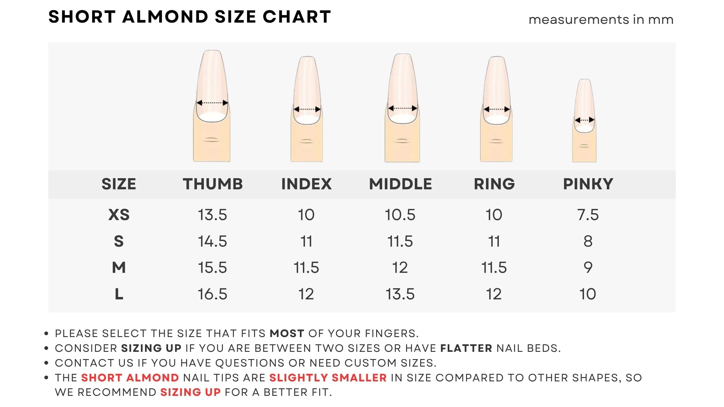 Short Almond Size Chart with special measurements and sizing up recommendation