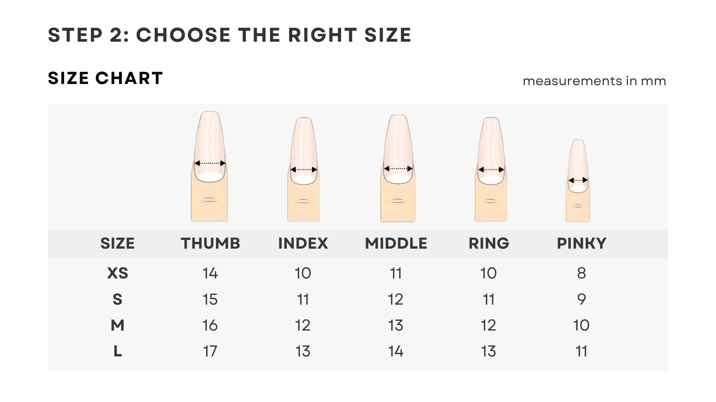 Ersa Nails Standard Size Chart: XS, S, M, L measurements in mm for Thumb, Index, Middle, Ring, Pinky